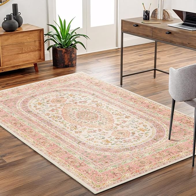Pink Rug 3x5,Boho Washable Area Rugs for Bedroom Entryway | Small Vintage Distressed Farmhouse Non Slip Carpet for Living Room,Blush Floral