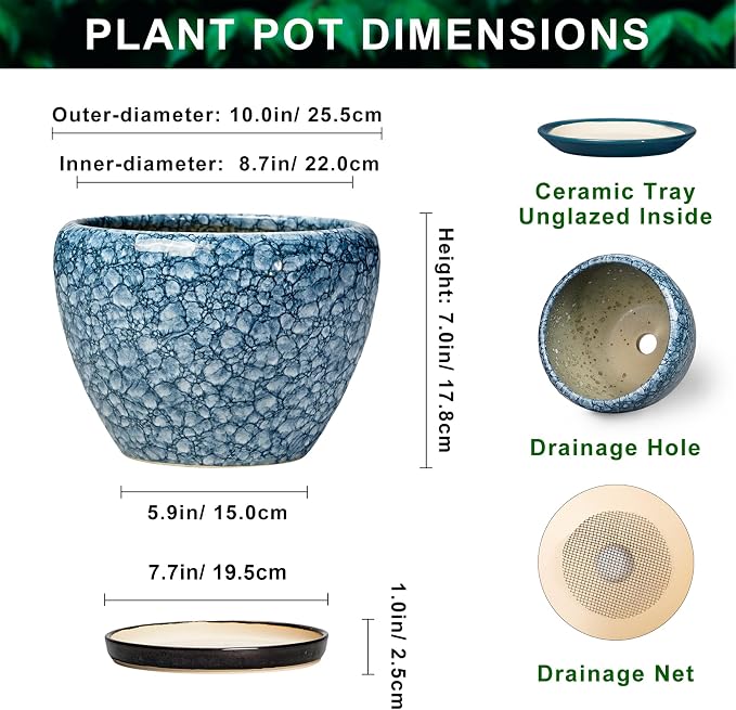 10 Inch Plant Pot - Ceramic Pots for Plants with Drainage Hole and Saucer, Ceramic Planters for Indoor Outdoor Plants, Round Flower Pots, Entryway Decor, Gifts for Plant Lovers, Stone Blue
