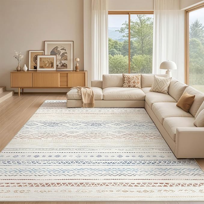 Tortania Area Rug Living Room Rugs- 10x13 Washable Large Soft Neutral Boho Moroccan Bohemian Farmhouse Rug Indoor Floor Carpet for Bedroom Under Dining Table Home Office Decor - Multicolor