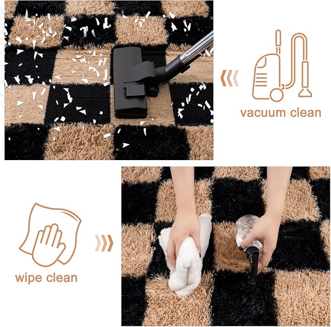 Checkered Rugs for Bedroom, 4x6 Ultra Fluffy Fuzzy Shag Area Rug for Living Room, Modern Plush Soft Upgrade Non-Slip Carpet for Kids Girls and Boys Room Dorm Nursery Home Decor, Black and Beige
