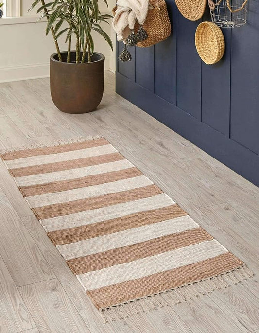 Unique Loom Chindi Rag Collection Area Rug - Striped (2' 2" x 8' Runner, Beige/ Ivory)