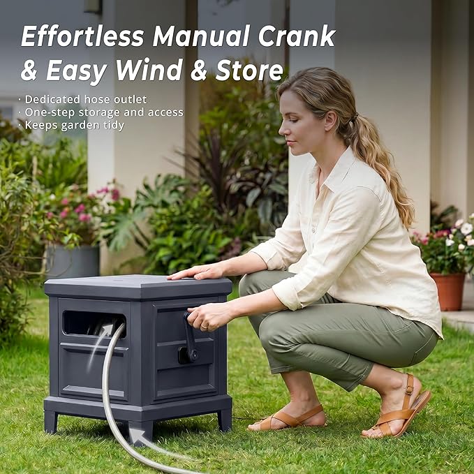 Garden Hose Reel Hideaway, Heavy Duty Metal Hose Reel Box Holds 125FT x 5/8" Hose, Steel Hose Storage Box with Manual Crank, Hose Guide and Leak-Proof Aluminum Connections, Stable 4-Leg Base