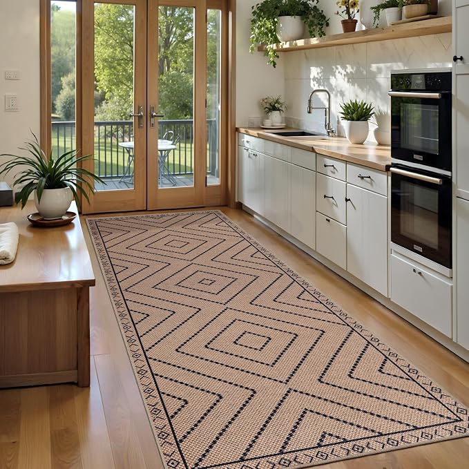 Tangsoo Easy Jute Rug 2.6x8 Washable Runner Rug for Hallways,Neutral Geometric Ultra Thin Indoor Carpet Runner Farmhouse Long Rnner Mat for Kitchen Entryway Laundry