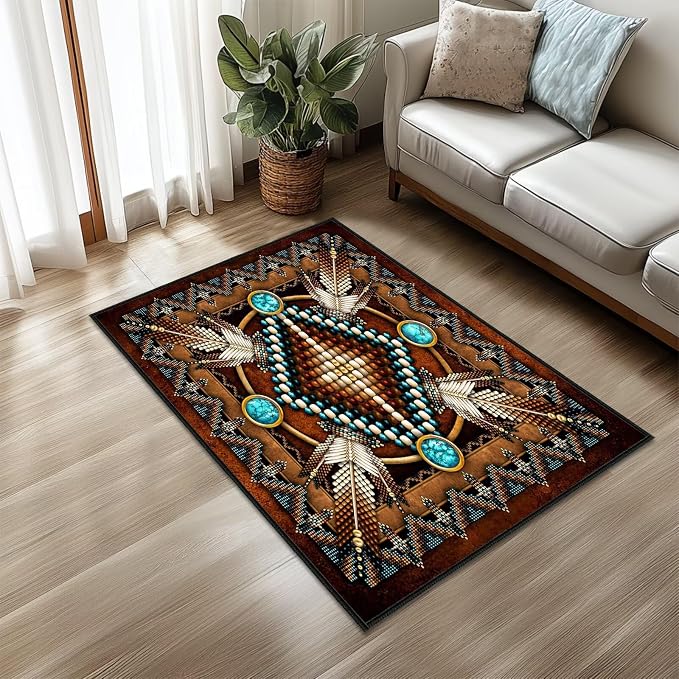 Entryway Rug 3x5 Rugs for Bedroom,Southestern Area Rugs Washable Non Slip Bedside Rug,Aztec Tribal Native American,Indoor Accent Throw Carpet Western Floor Carpets for Living Room,Entrance,Office