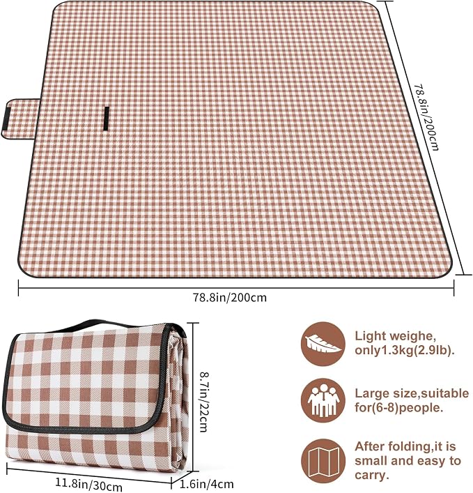 Picnic Large Blanket,78” × 78” Large Camping Blanket,with Handle,Waterproof and sandproof Bottom,Machine Washable,Outdoor Foldable Hiking Blanket, Portable and Easy to Clean (Coffee Grid)