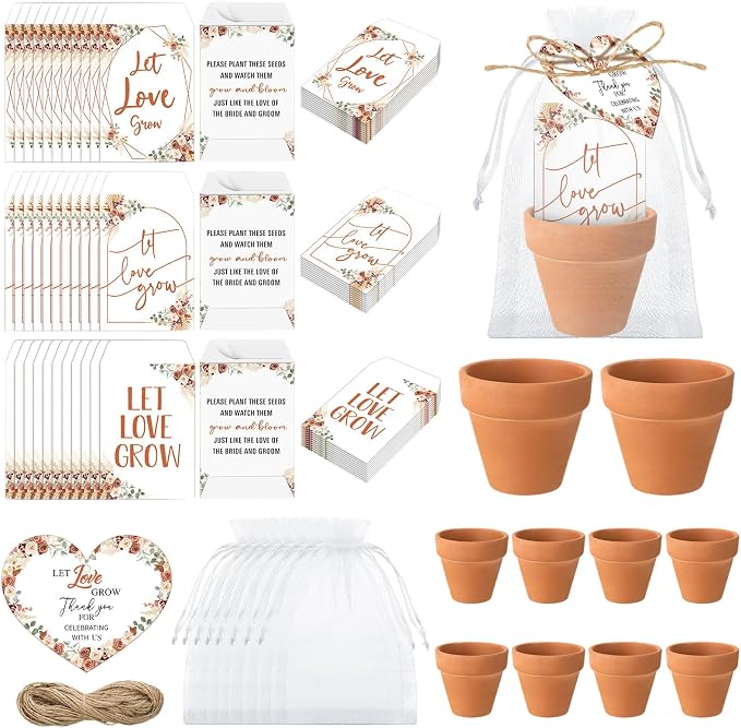 Reallnaive 24 Sets Wedding Favor Flower Seeds Let Love Grow Seed Packets for Guests Family Reunion Wildflower Mini Terracotta Pots Seed Packets Self Adhesive Envelopes Thank You Tags Organza Bags