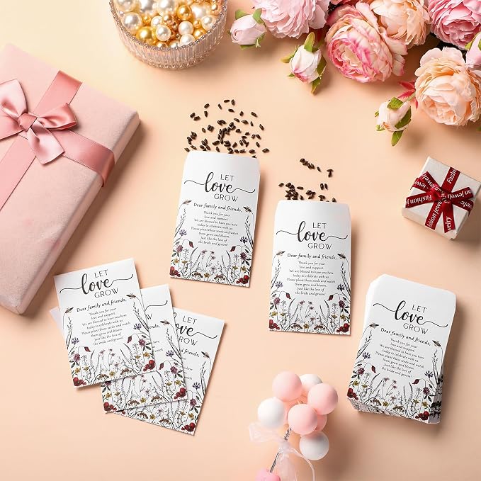 Fullhawl 100 Packs Wedding Favors for Guests Let Love Grow Seed Packet Kraft Bags Wildflower Seed Envelopes Resealable Blank Empty Organizer Storage Bag for Wedding Party Bridal Shower Gift