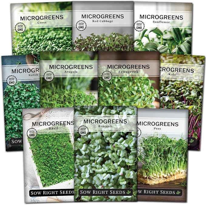 Sow Right Seeds - Large Microgreens Seed Collection - 10 Microgreen Variety Indoor Garden Packets with Superfood Seeds for Kitchen Counter Sprouting & Growing - Ideal for Indoor Gardening