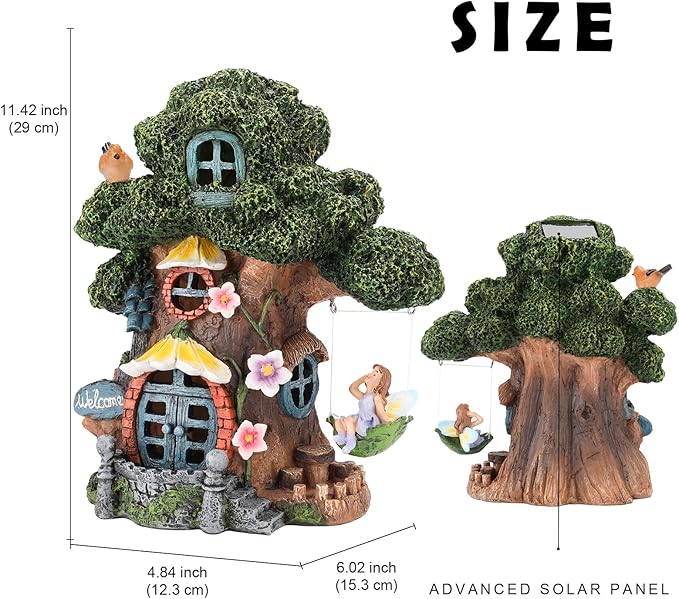 Fairy House Garden Outdoor Decor, Large Garden Gnome House and Fairy Figurines with Solar Lights Waterproof Resin Ornaments Decorations for Patio Yard Lawn