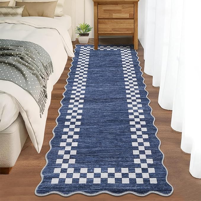 GarveeHome Hallway Runner Rug 2x6 Scalloped Washable Rug for Kitchen Entry | Non Slip Stain Resistant Modern Border Throw Floor Carpet Long Runner Mat for Bathroom Living Room Bedside, Blue