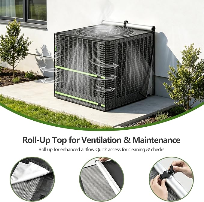 2 in 1 Full Mesh Air Conditioner Cover with Roll-Up Waterproof Top-Heavy Duty 420D Oxford, Breathable Outdoor AC Unit Defender for All Season, Anti-UV, Windproof, Easy Install, 36"W x 36"D x 40"H