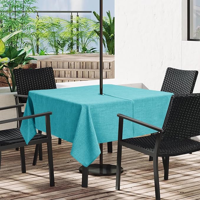 LUSHVIDA Outdoor Tablecloth with Umbrella Hole - Patio Table Cloth Zippered Square 60x60 Inch, Teal Linen-Look Polyester Table Cover Water Resistant for Picnic Outside