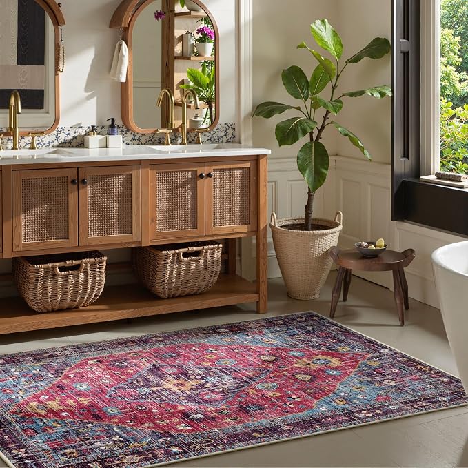 Lahome Felice Machine Washable Area Rugs 3x5, Soft Entryway Rug Oriental Kitchen Rugs, Small Vintage Soft Kid Pet Friendly Printed Indoor Accent Entry Carpet for Bathroom Front Door Decor, Hot Pink