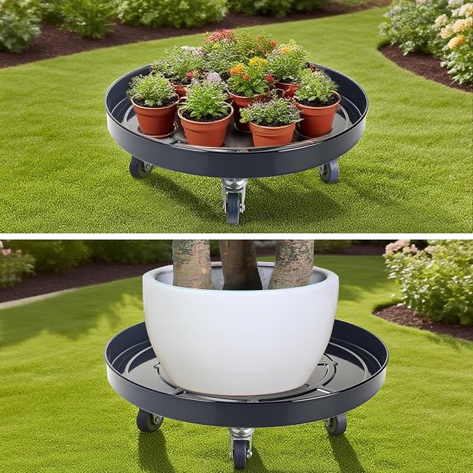 16 Inch Heavy Duty Plant Stand on Wheels, Round Plant Caddy with Wheels for Indoor & Outdoor Use, Metal Rolling Tray for Potted and Small Furniture (Black 2 Pcs)