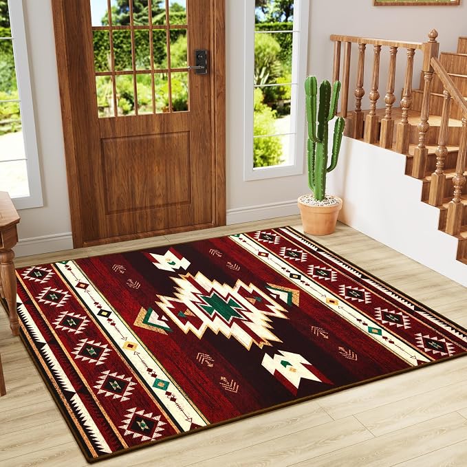 BENRON Western Rugs for Living Room Bedroom 3x5, Non Slip Washable, Red | Southwest aztec Throw Area Rugs for Dining Table Kitchen Home Decor
