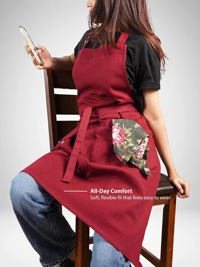 100% Cotton Kitchen Apron with 2 Pockets – Adjustable Chef Apron for Cooking Baking BBQ – Unisex Apron