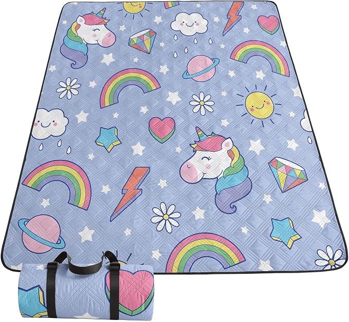 Outdoor Picnic Blanket,Portable Sandproof Waterproof Picnic Mat,Rainbow Unicorns Printed Camping Beach Mat for Sand and Wet Grass Hiking (Rainbow Unicorns L)