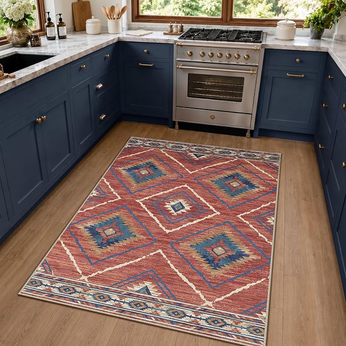 3'x5' Washable Area Rug for Living Room Bedroom Red/Orange | Soft Western No Slip Low Pile Print Foldable Indoor for Kitchen Dining Room