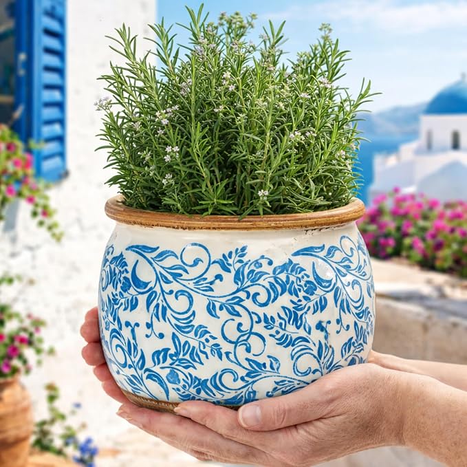 Vintage Ceramic Flower Pot - Indoor Outdoor Planters with Drainage Holes & Filter Screen, 9’’ Large Rustic Farmhouse Decorative Plant Pots for Garden/Patio/Balcony