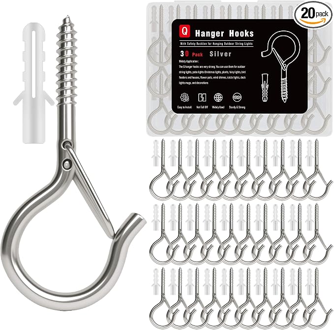 Black Screw Hooks with Safety Lock 2.3" Rustproof Metal Ceiling Hooks for Hanging Plants, Baskets,String Lights & Outdoor Decor, 40LB Capacity (30, Silver)