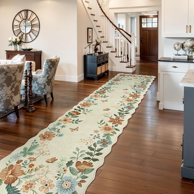 Lahome Floral Hallway Runner Rug Non Slip, 2'6''x10' Soft Washable Runner | Ultra-Thin Soft Hallway Rug Distressed Long Carpet for Entryway Bathroom Flore, Beige