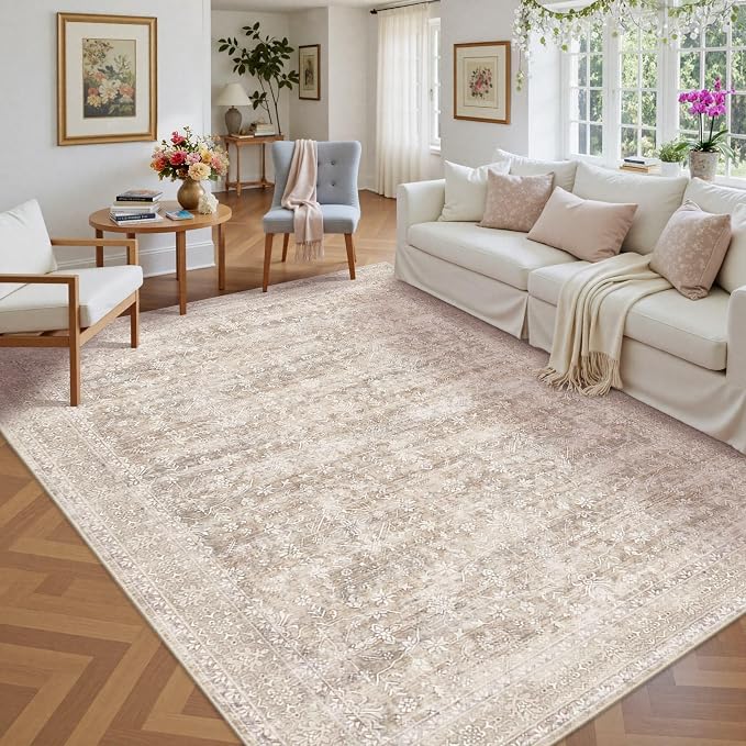 Latte&Fog 6x9 Beige Rugs for Living Room Large Netural Area Rug for Bedroom | for Dining Kitchen Kids Playroom Nursery Classroom Dorm Farmhouse Office, Non Slip Low Pile Soft Floral Vintage Indoor Carpet