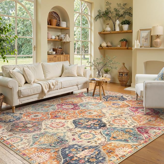 Lahome Moroccan Machine Washable Rugs for Living Room, 4x6 Rug for Bedroom Non-Slip Vintage Trellis Ultra-Thin Throw Carpet for Dining Room Office Nursery Elise, Cream/Multi