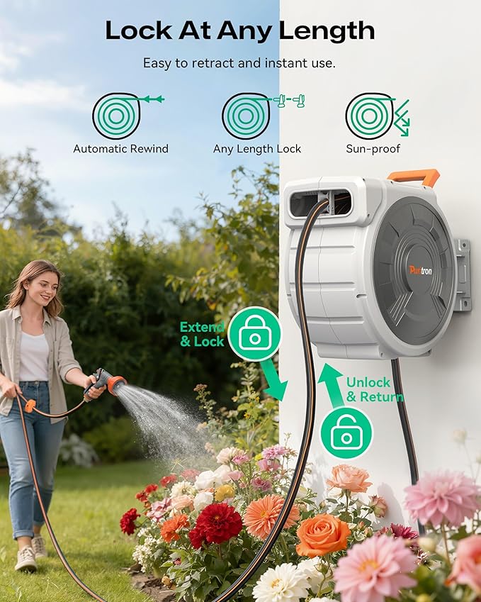 Retractable Garden Hose Reel 5/8"x100ft, 3-Ply Reinforced water hose reel, Any Length Lock, Heavy-Duty Rust Prevention Metal Mount, Brass Fitting, 9 Spray Nozzle for Lawn & Gardening