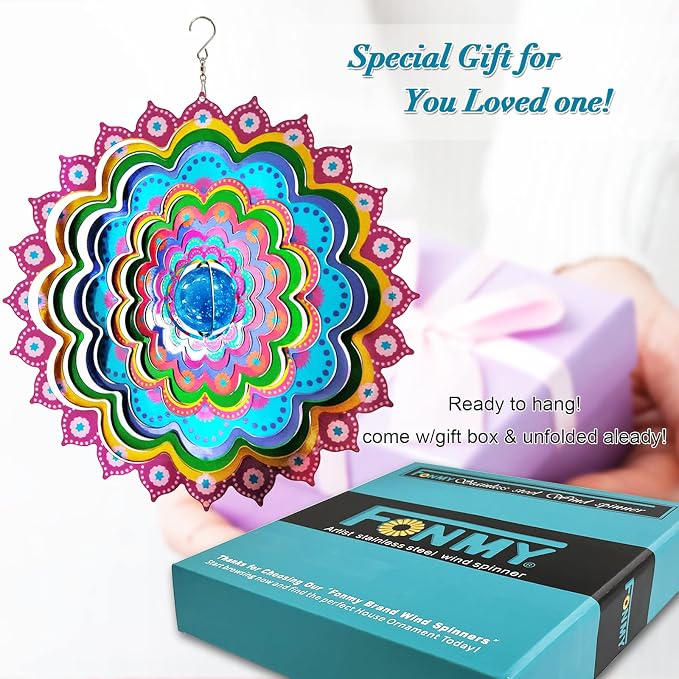 FONMY Mandala Wind Spinner w/Crystal Ball Peacock- 3D Stainless Steel Hanging Spinners Worth Gift Christmas Decoration Indoor/Outdoor Garden Décor Kinetic Yard Art 12 Inches Wind Sculpture