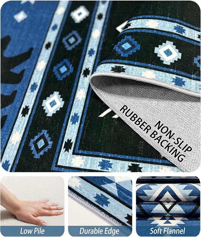 Aztec Rug 5x6 - Southwestern Bear Cabin Area Rugs for Bedroom Living Room, Rustic Bohemian Machine Washable | Non-Slip | Soft Carpets, Native American Room Decor (Blue White Black)