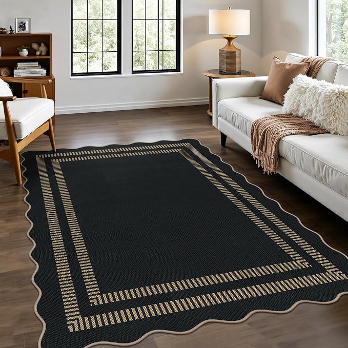 Scalloped Modern Easy Jute Carpet, 4x6 Outdoor Patio Washable Area Rug, Indoor Black Kitchen Rugs Farmhouse Neutral Non Slip Rug for Living Room Patio Entryway