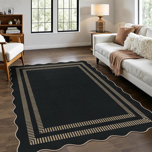 Scalloped Modern Easy Jute Carpet, 4x6 Outdoor Patio Washable Area Rug, Indoor Black Kitchen Rugs Farmhouse Neutral Non Slip Rug for Living Room Patio Entryway