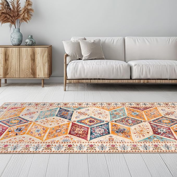 Moroccan Vintage Distressed Boho Geometric Cream 2.7x8 Runner Rug | Patchwork Washable Non Slip Throw Floor Long Carpet Runner for Hallway Entryway Kitchen Bathroom Bedroom Livingroom Rug