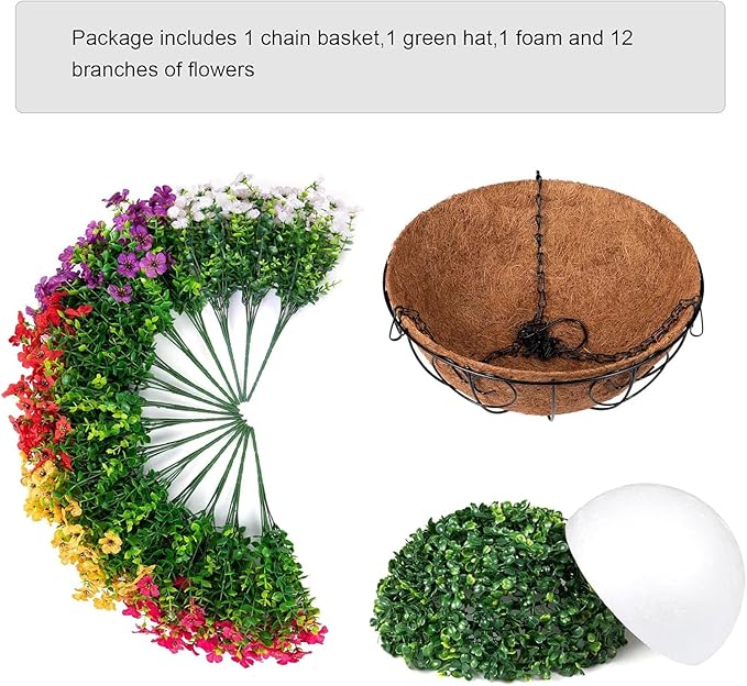 HyeFlora Artificial Faux Hanging Plants Flowers Basket for Summer Outdoor Outside Decoration, Fake Silk UV Sun Resistant Look Real Colorful Daisy Eucalyptus for Porch Home Patio Balcony Yard