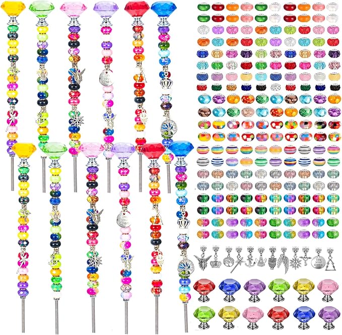 Prefdo 236 PCS Decorative Garden Stakes DIY Fairy Wand Beaded Kit | Diamond Stopper Tops, 12 In Threaded Rod, 200 Colorful Beads, Indoor Outdoor Plant Flower Pot Décor