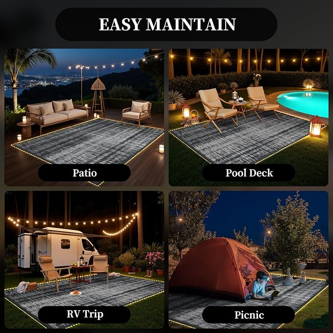 MontVoo Outdoor Rug Waterproof 8x10 ft with Strip Lights Outdoor Patio Rug Mat Reversible Plastic Straw Rug Outside Outdoor Rug for RV Camping Picnic Balcony Backyard
