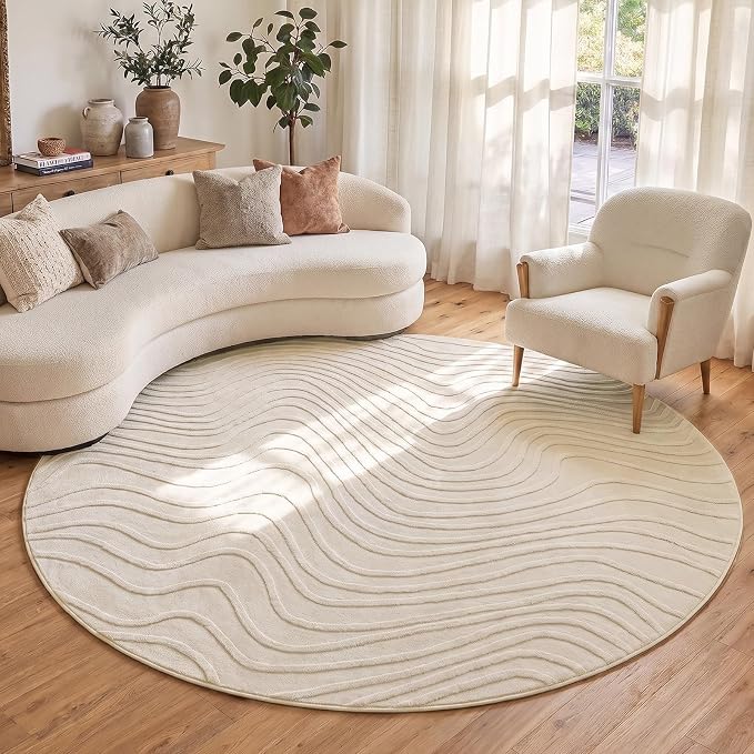 Etwel 6.5 ft Beige Modern Wavy Textured High-Low Pile Washable Round Rug | Soft Carpet, Non-Slip PVC Backing, Low Profile, Kid and Pet Friendly, for Living Room, Bedroom, Dining Room, Nursery