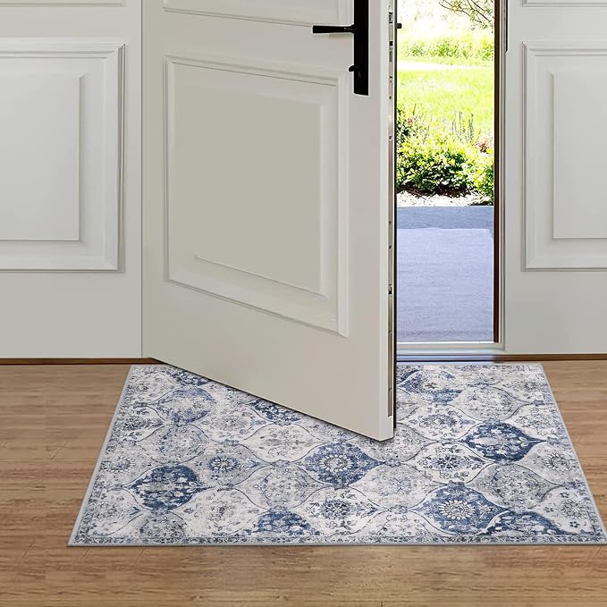 Lahome Moroccan Trellis Washable Rug, 2x3 Kitchen Rugs for Entryway Bathroom, Non-Slip Indoor Door Mat Ultra-Thin, Small Oriental Throw Carpet for Bedroom Entry Elise, White/Royal Blue