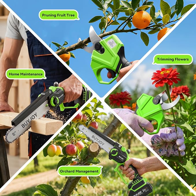 BUYJOY 4-in-1 Electric Pruning Shears & 8 Inch Pole Saw Combo, 1.8" Cutting Diameter Cordless Pruner, 2×4.0Ah Batteries, Adjustable Branch Cutter for Tree Trimming and Garden Pruning