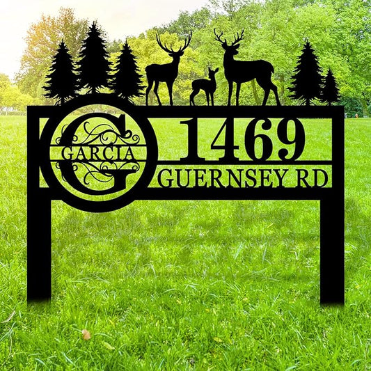Personalized Deer Wildlife Decor for Outdoors, Custom Yard Address Sign with Metal Stake, Address House Number Signs with Last Name, Housewarming Gift