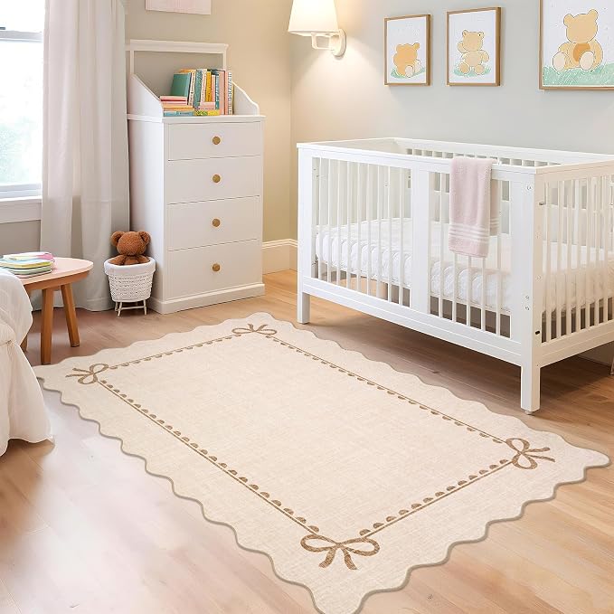 GarveeHome Scalloped Bow Rug 4x6 Washable Beige Rug for Bedroom Living Room | Non Slip Soft Low Pile Indoor Carpet for Nursery Girls Bedroom Decor Hallway Kids Room College Dorm Playroom