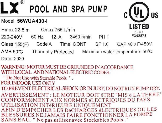 Hot Tub Spa pump, 4HP, single speed, Bracketless, 56Frame LX Motor (220-240V/60Hz); 2" Port; OEM# 6500-352; 6500-365; 6500-363 56WUA400-I(NF)
