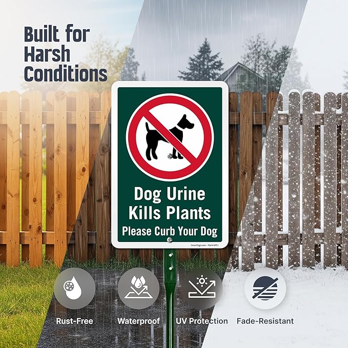 SmartSign 10 x 7 inch “Dog Urine Kills Plants, Please Curb Your Dog” LawnPuppy Yard Sign and 18 inch Stake Kit, 40 mil Laminated Rustproof Aluminum, Green and White, Set of 1
