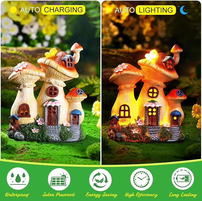 100 Pcs Fairy House Garden Kit Accessories Miniatures Fairy Figures Gnomes Mushroom House Solar Light Resin Dwarfs Statue Micro Landscape Ornaments for DIY Yard Outdoor Decoration
