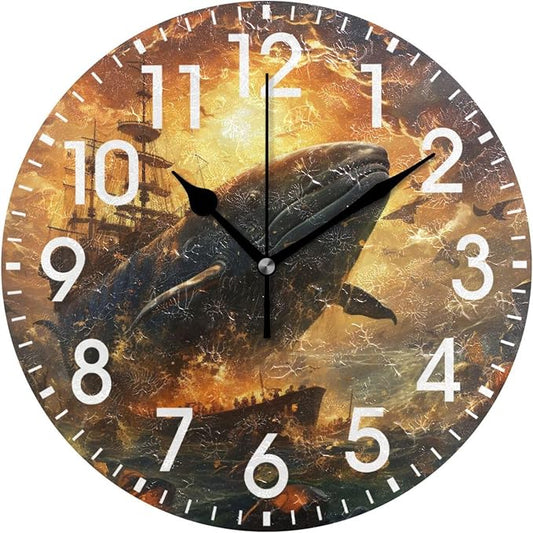 ALAZA Home Decor Whale Sunset Ship Round Acrylic 9.84 Inch Wall Clock Non Ticking Silent Clock Art for Living Room Kitchen Bedroom