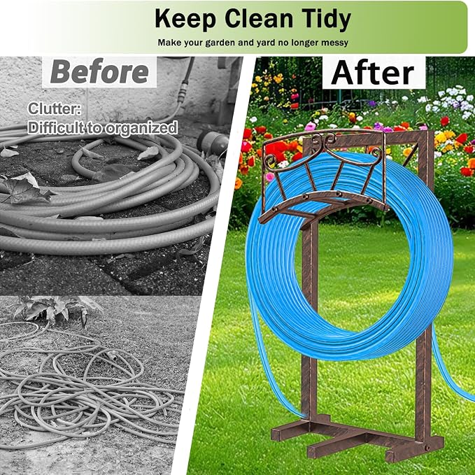 Garden Hose Holder, Heavy Duty Metal Water Hose Holders Hose Stand with 5 Spikes, Freestanding Hose Storage Rack Hose Hanger Holds 150ft Hose for Outside Yard Lawn Garden Decor