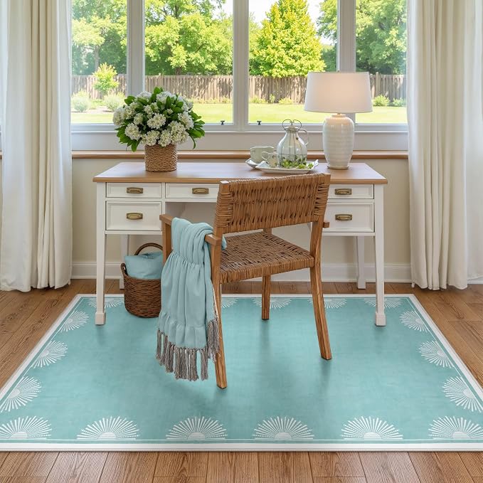 Hedlive Washable 5x7 Nursery Rug, Soft Low Pile Toddler Bedroom Area Rug, Aqua Sun Printed Carpets for Boys Girls Kids Baby Room Playroom Classroom Dorm Living(5'x7',Baby Blue)