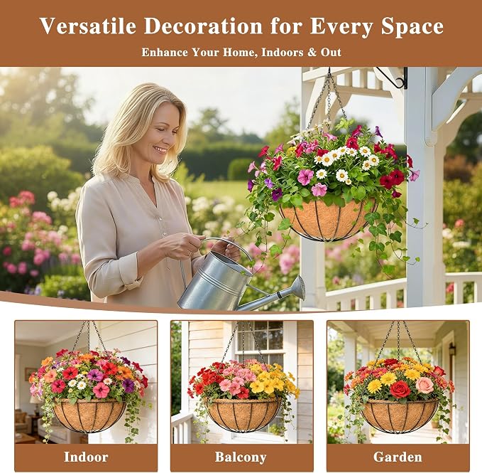 4 Pack Hanging Planter for Outdoor Plants 12 inch Metal Hanging Flower Basket with Coco Coir Liner Round Wire Plant Holder Chain Flower Pots Outdoor Garden Decoration Watering Hanging Baskets(XG)