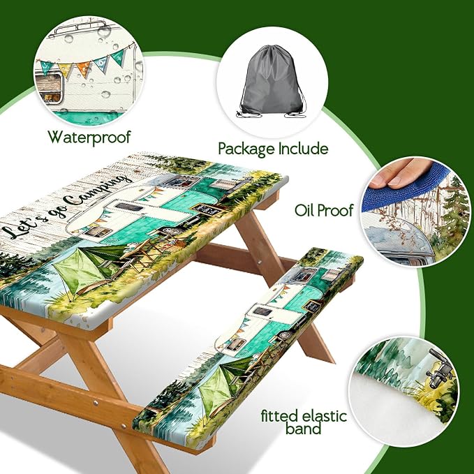 Picnic Table Cover with Bench Covers Elastic Edges, Camping Watercolor Wooden Table Cover, Outdoor Patio Camping Essentials 60 Inch 3PCS, Waterproof Washable Fitted Tablecloth with Drawstring Bag