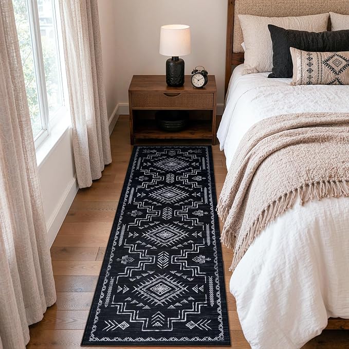 STARUIA Washable Kitchen Runner Rug, 2x6 Black Runner Rugs for Hallway, Non-Slip Western Aztec Tribal Low Pile Non-Shedding Carpet for Kitchen, Hallways, Entryway, Bedroom, Bathroom(Black 2'x6')